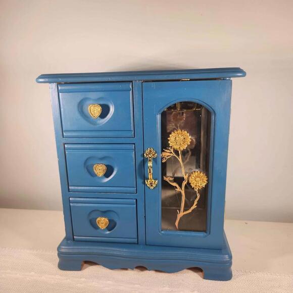 Vintage Blue Wooden Jewelry Box with Heart-Shaped Drawer Pulls and Floral Glass